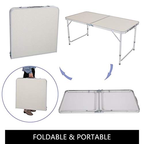 Aluminum Folding Table 4 Foot, Adjustable Height Lightweight Portable Camping Table for Picnic Beach Outdoor Indoor, White 120 x 60 x 70 4Ft C671092