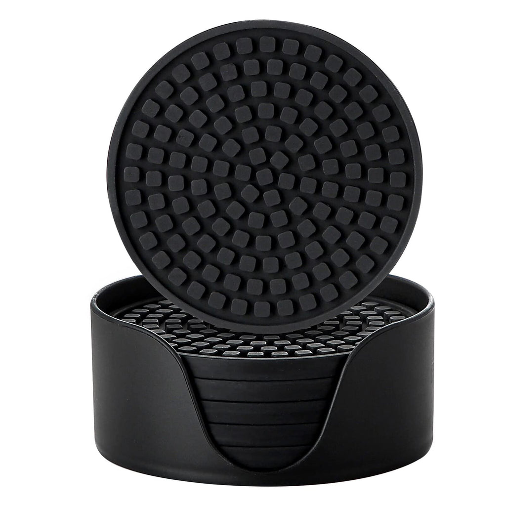 Silicone Drink Coasters with Holder, Set of 6, Black H3746