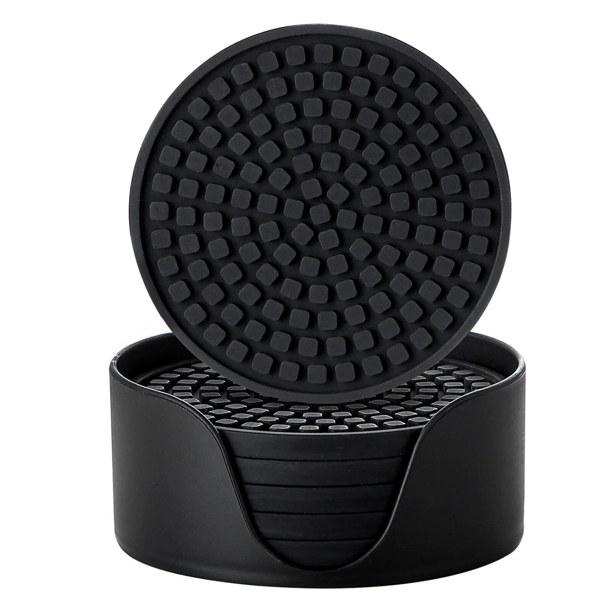 Silicone Drink Coasters with Holder, Set of 6, Black H3746