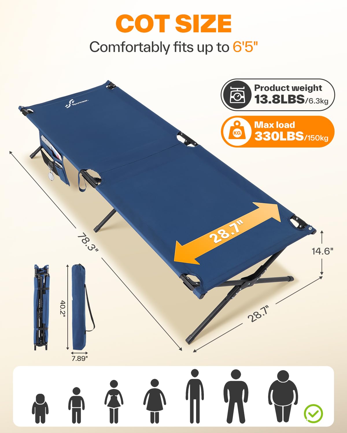 Camping Cot 78.3"x28.7"x14.6" Heavy Duty Folding Bed Support 330 Lbs H589569