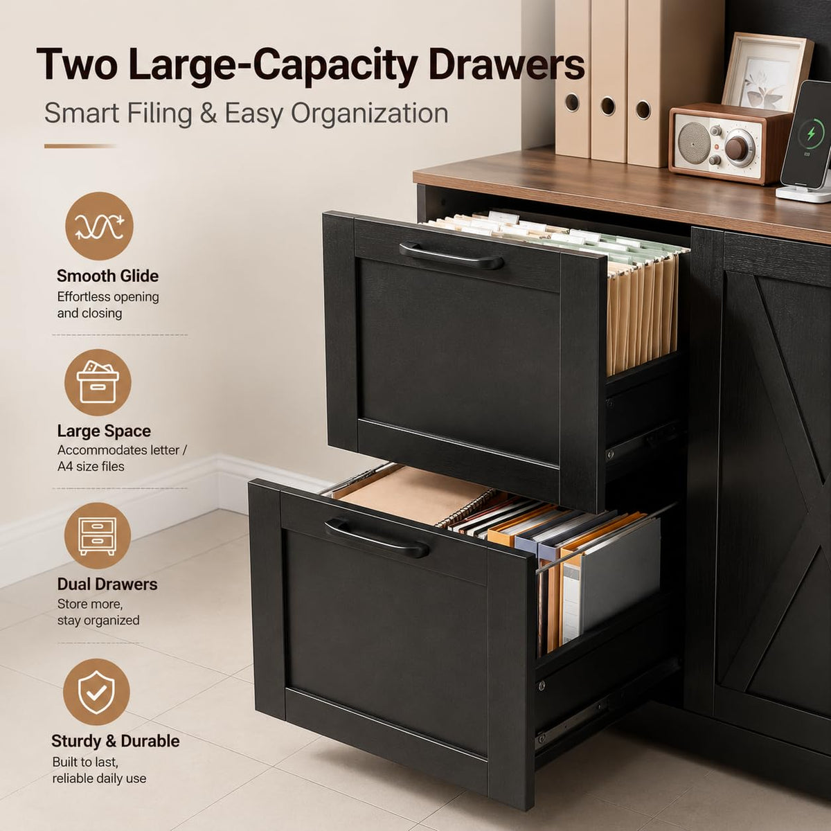72'' Tall Black Bookshelf with Power Outlet, 2 Drawer File Cabinet, 3-Tier Shelves S60543