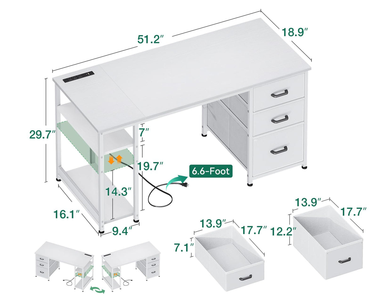 51 Inch White Computer Desk with Drawers R6797