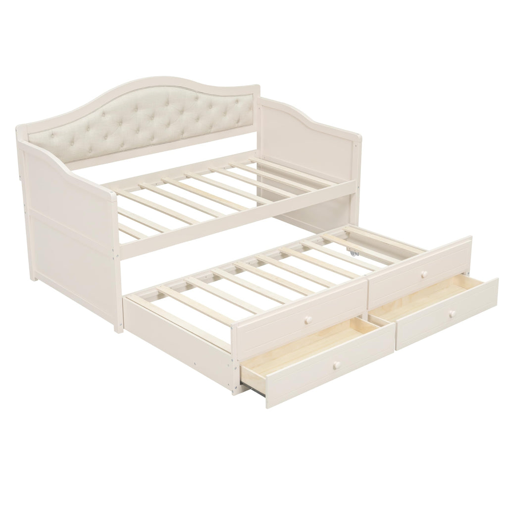 Beige Twin Size Wooden Daybed with Trundle and 2 Drawers O37518