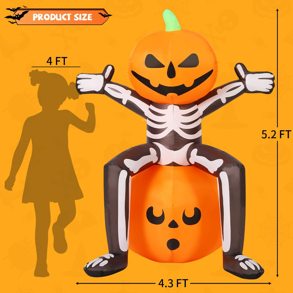 5FT Skull Skeleton Pumpkin Head Inflatable with Built-in LEDs J41604