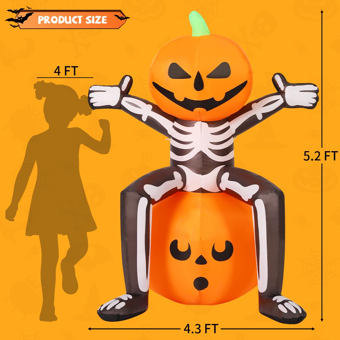 5FT Skull Skeleton Pumpkin Head Inflatable with Built-in LEDs J41604