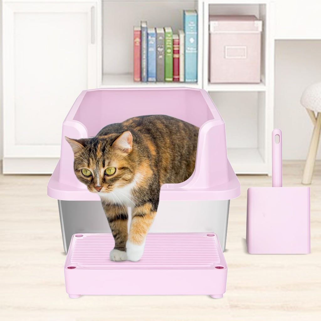 Open Cat Litter Box Stainless Steel High Walls with Scoop E269616