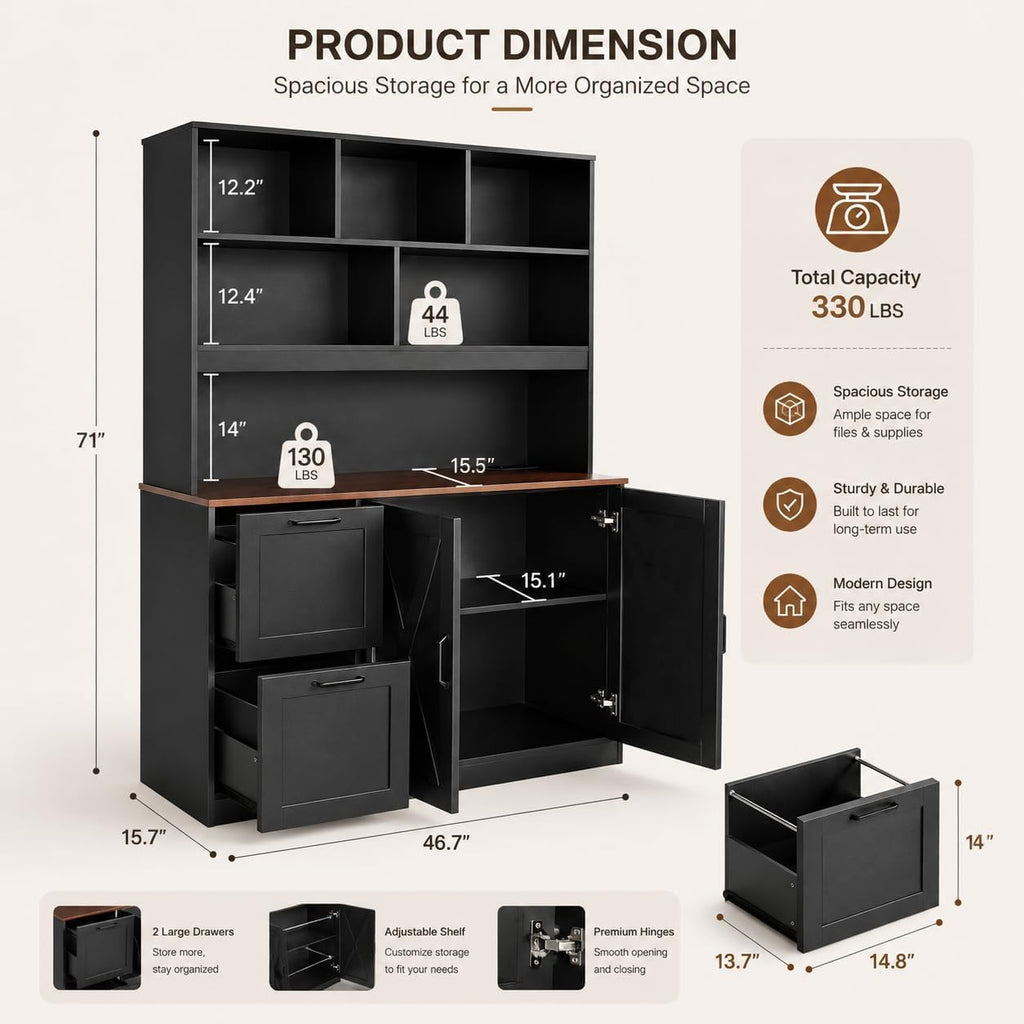 72'' Tall Black Bookshelf with Power Outlet, 2 Drawer File Cabinet, 3-Tier Shelves S60543