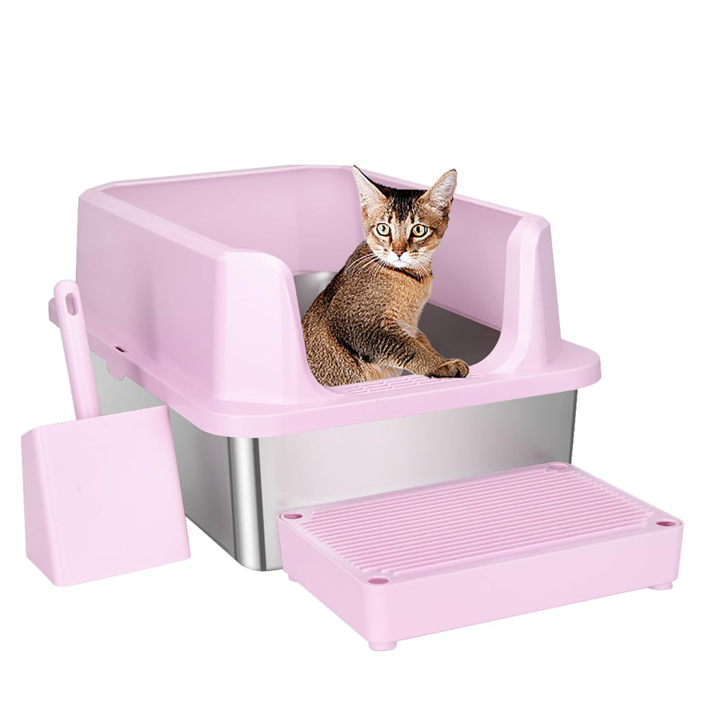 Open Cat Litter Box Stainless Steel High Walls with Scoop E269616