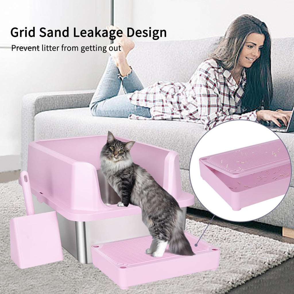 Open Cat Litter Box Stainless Steel High Walls with Scoop E269616