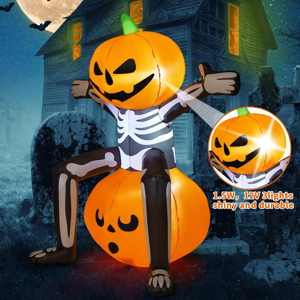 5FT Skull Skeleton Pumpkin Head Inflatable with Built-in LEDs J41604