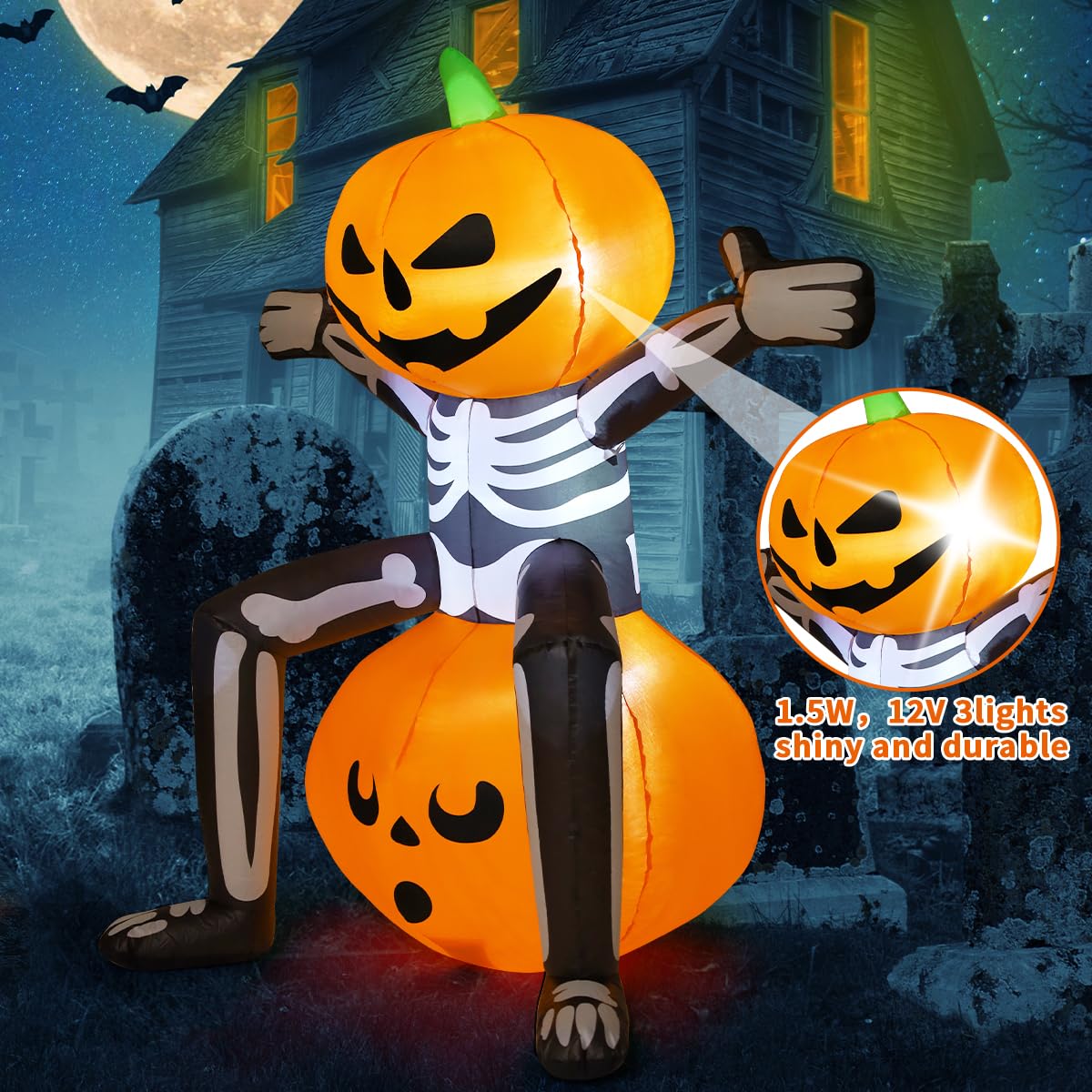 5FT Skull Skeleton Pumpkin Head Inflatable with Built-in LEDs J41604