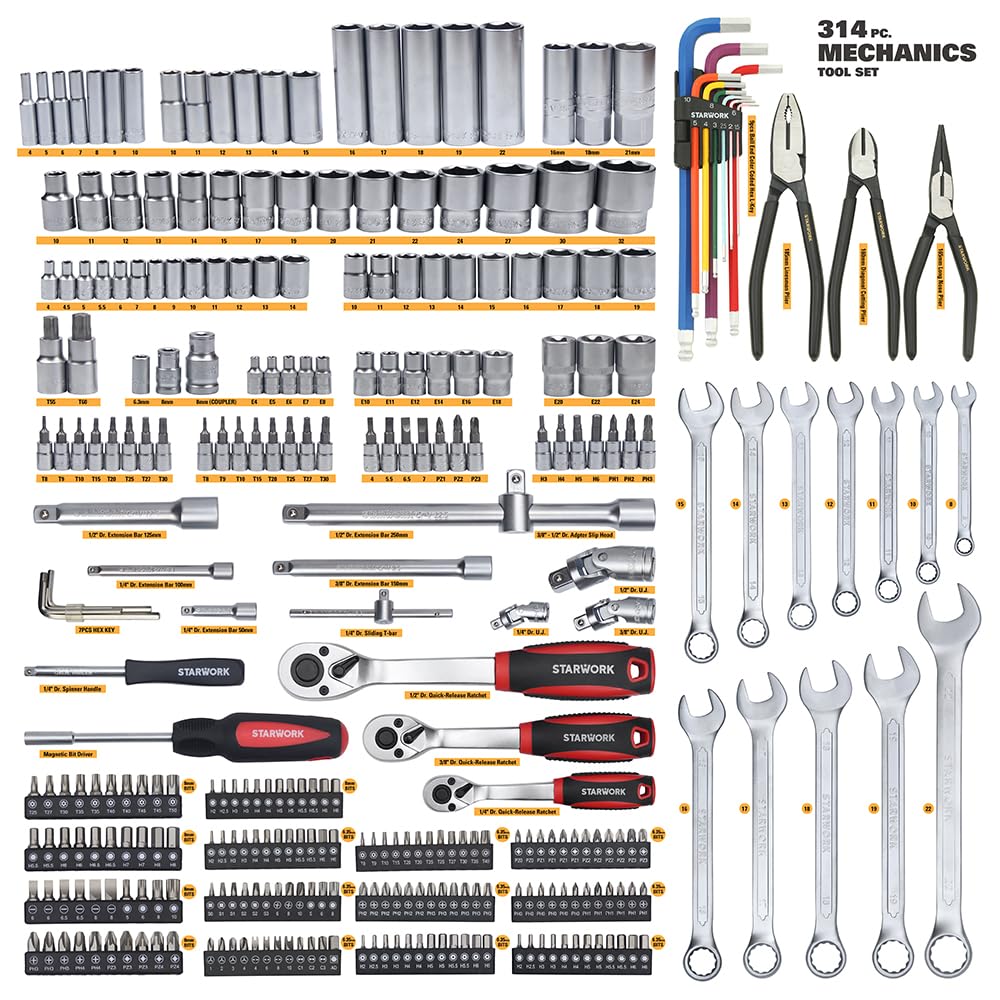 314-Piece Mechanics Tool Set and Socket Set, 1/4", 3/8", 1/2" Drive, Metric T13434