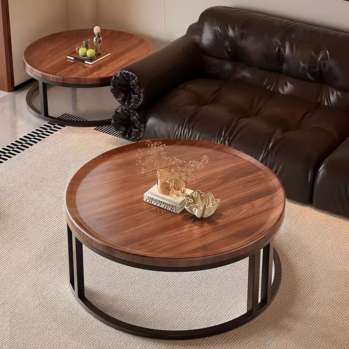 Round Nesting Coffee Tables 2-Piece Set Wood Top Metal Frame W993188