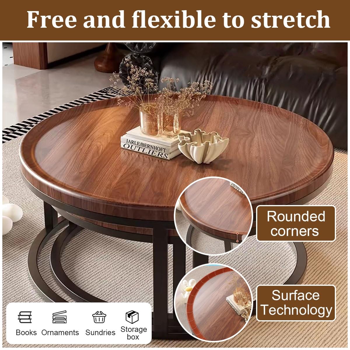 Round Nesting Coffee Tables 2-Piece Set Wood Top Metal Frame W993188