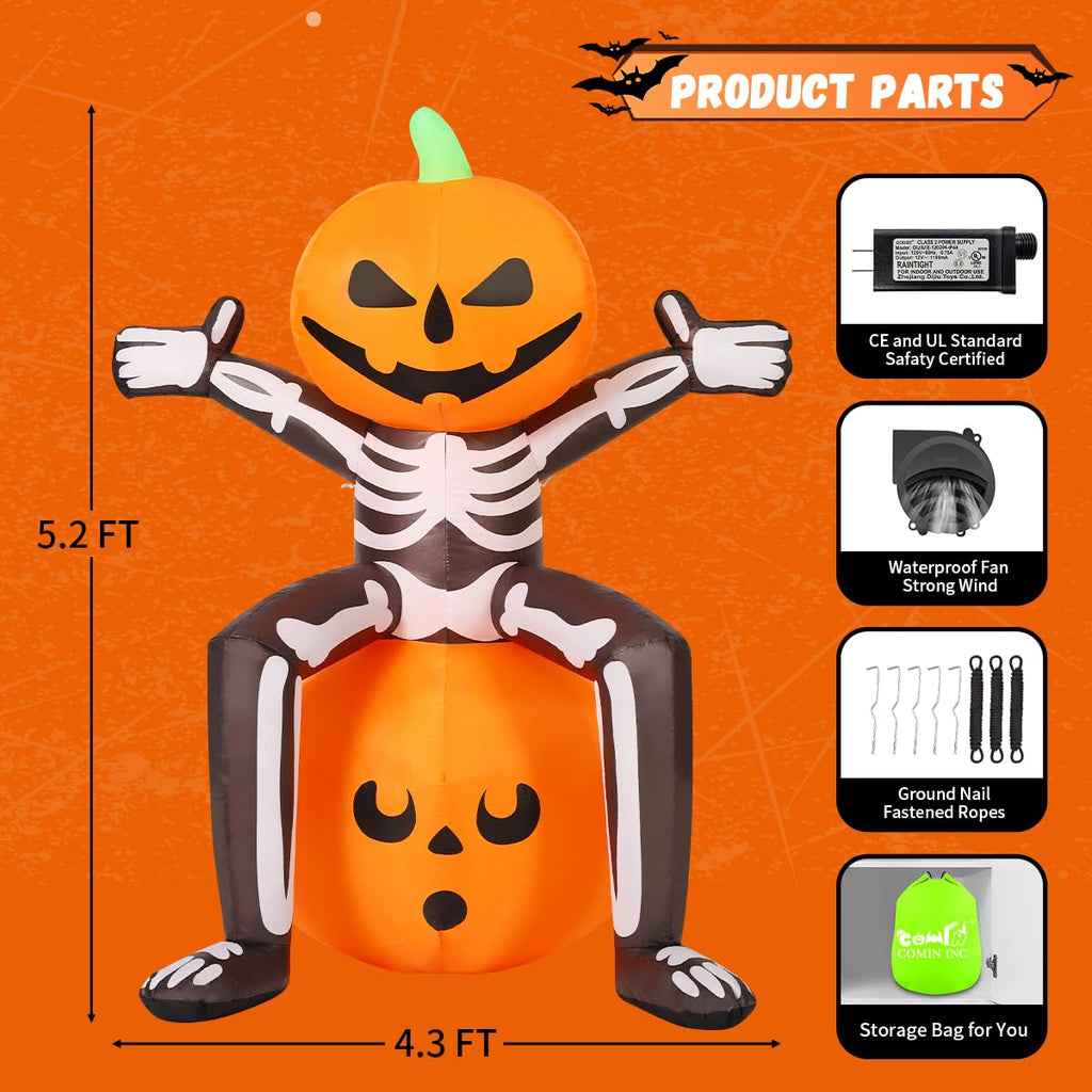 5FT Skull Skeleton Pumpkin Head Inflatable with Built-in LEDs J41604
