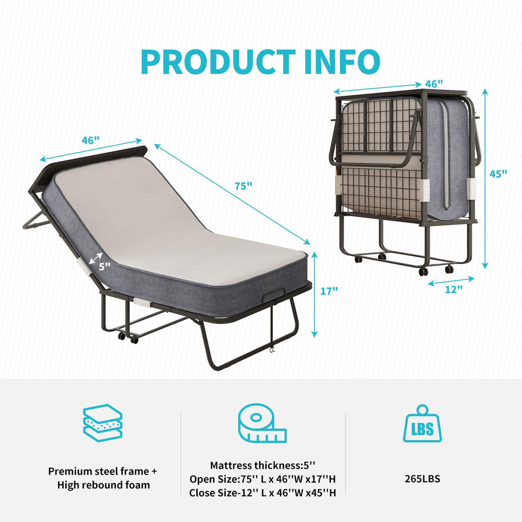 75" x 46" Folding Bed with 5" Memory Foam Mattress and Headboard L9412