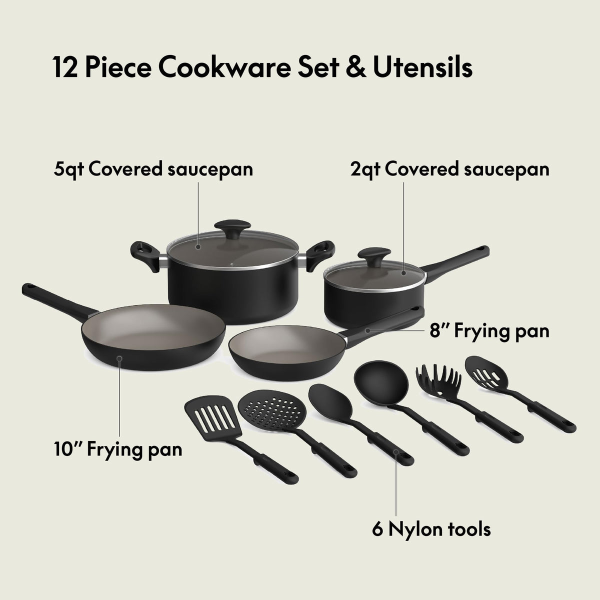 12 Piece Ceramic Nonstick Cookware Set Black E165687