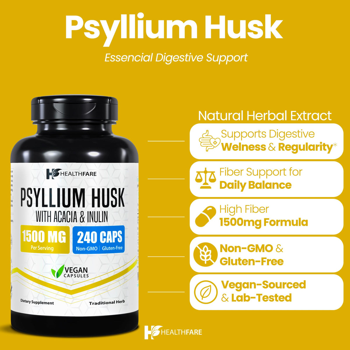 1500mg 240 Vegan Capsules Psyllium Husk Fiber Supplement X236