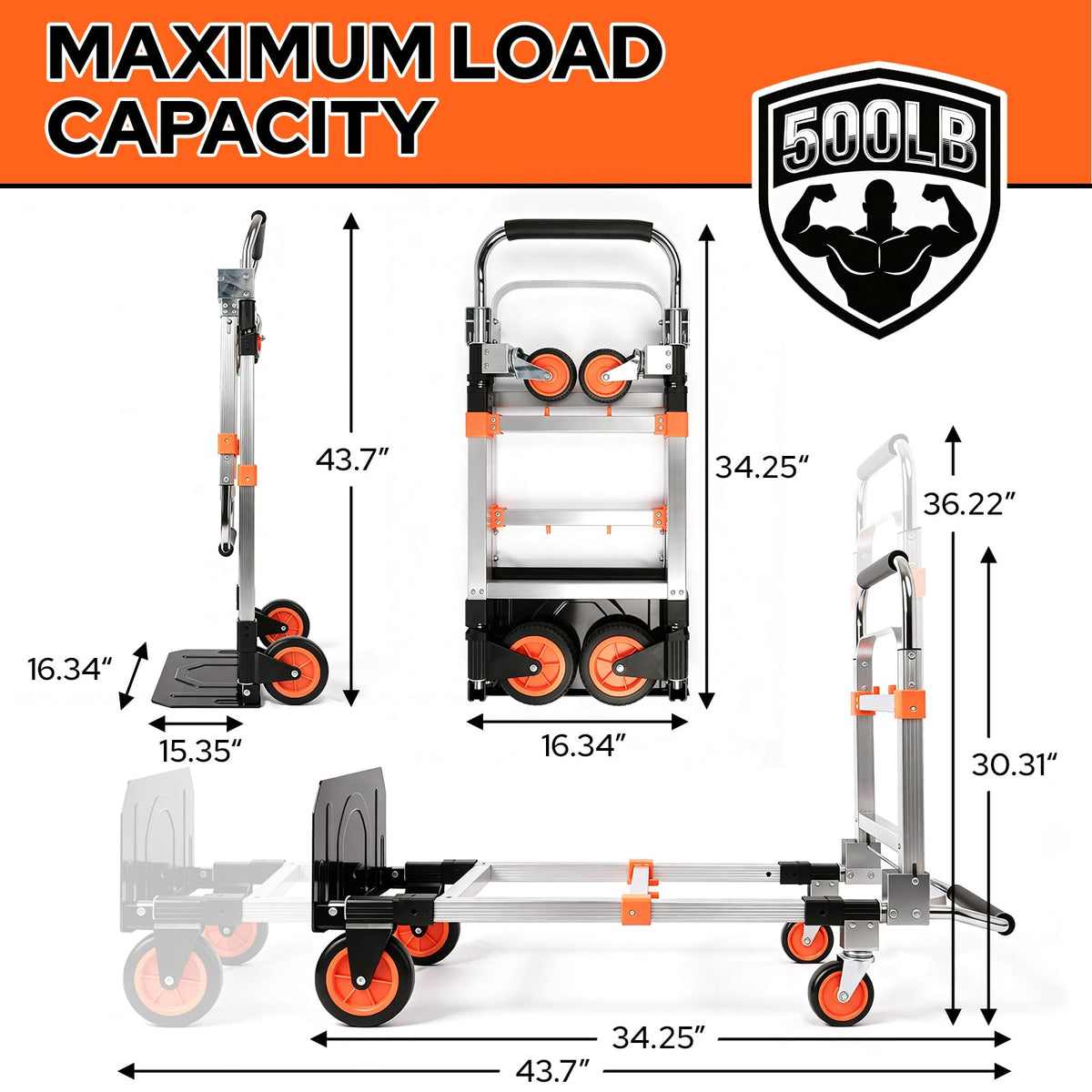 Folding Hand Truck Dolly Cart with Wheels, 500lb Load, Silver Orange M502481