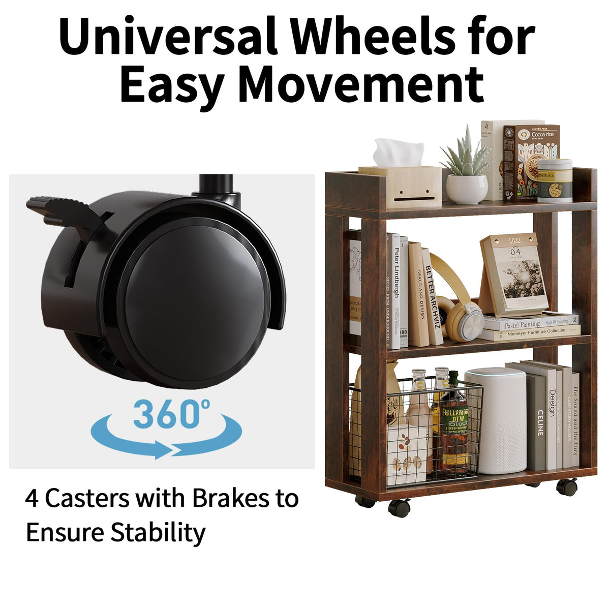 3-Tier Small Bookshelf with Wheels V621