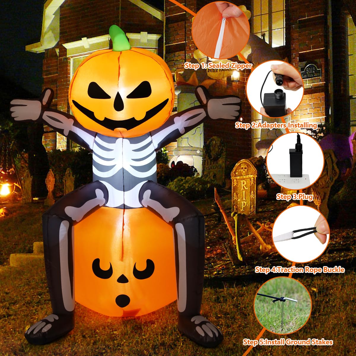 5FT Skull Skeleton Pumpkin Head Inflatable with Built-in LEDs J41604