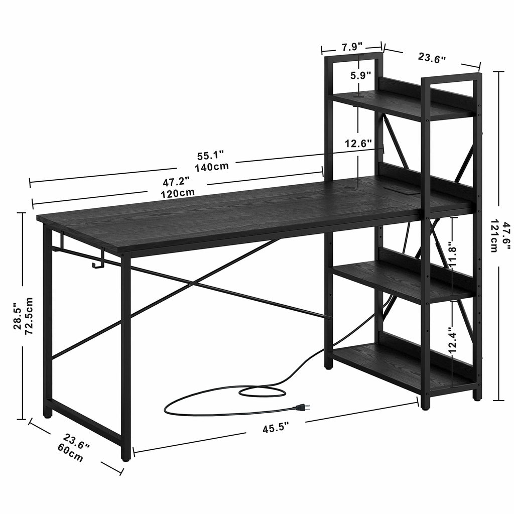 Black Computer Desk with Power Outlet and Storage Shelves W776