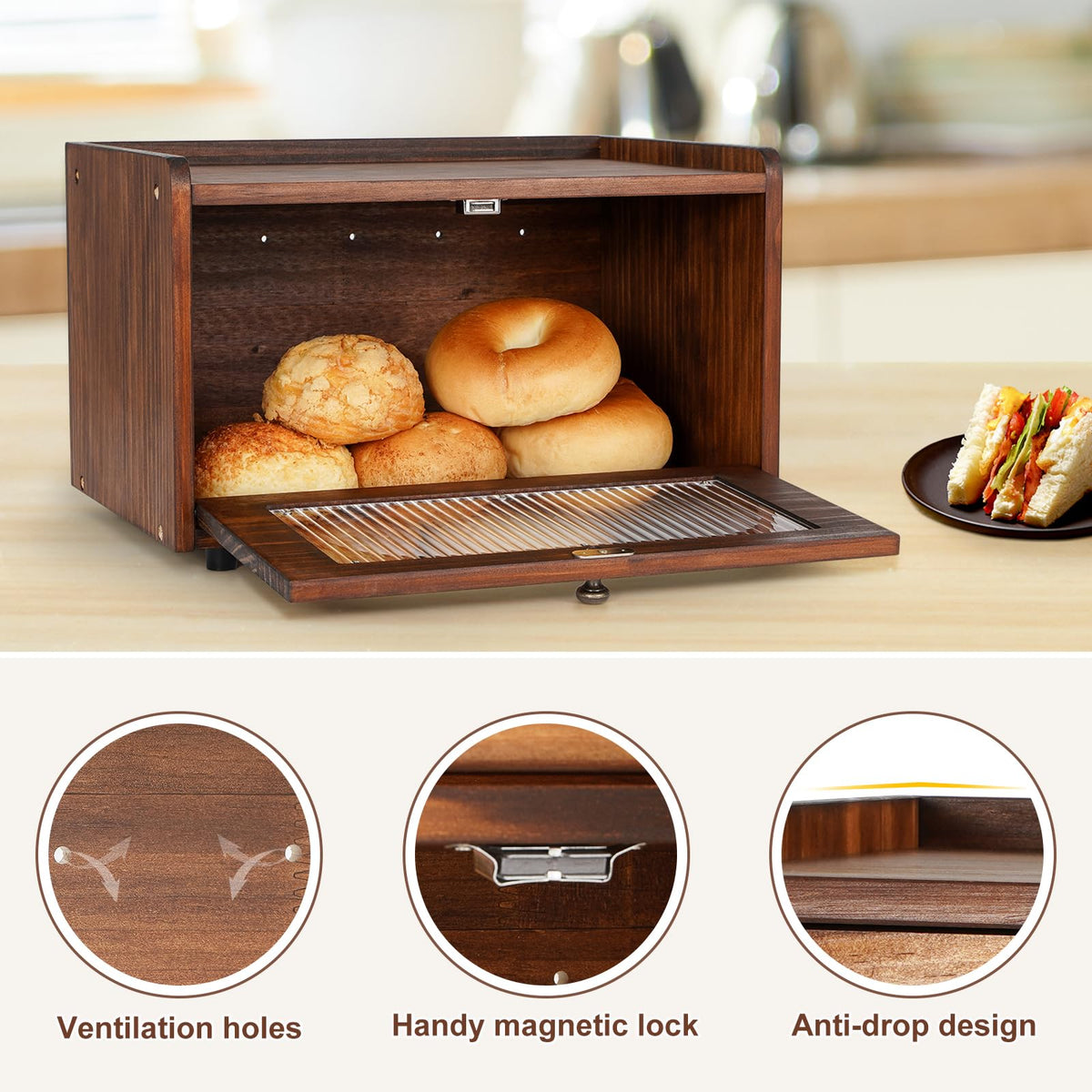 Wooden Bread Box with Acrylic Window C460