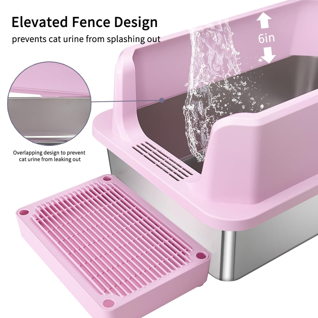 Open Cat Litter Box Stainless Steel High Walls with Scoop E269616