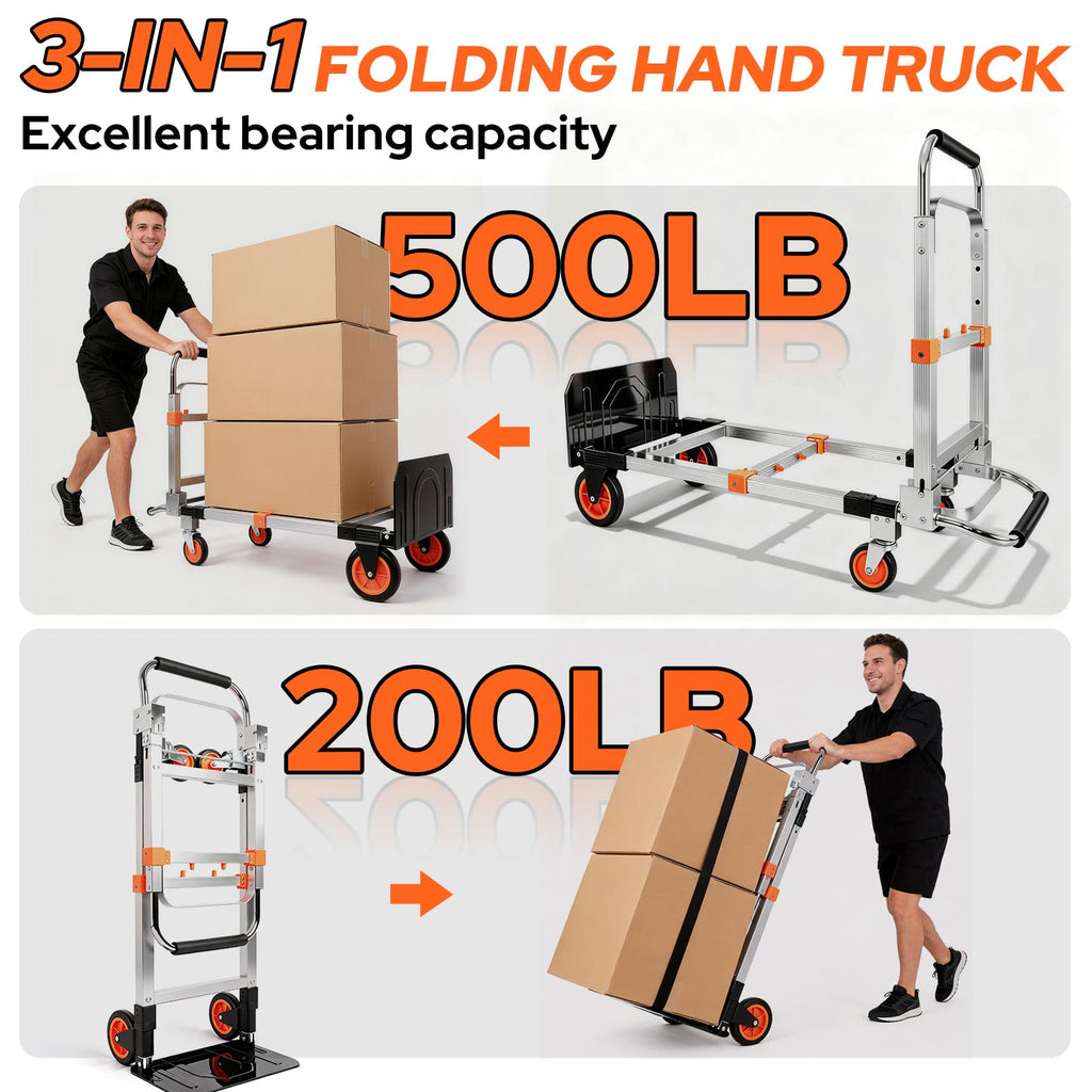 Folding Hand Truck Dolly Cart with Wheels, 500lb Load, Silver Orange M502481