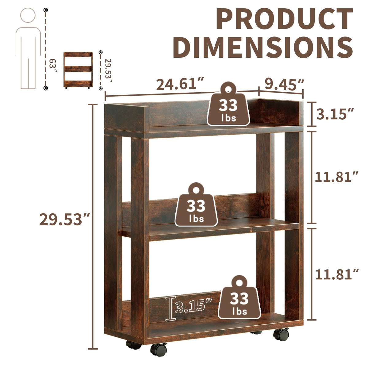 3-Tier Small Bookshelf with Wheels V621