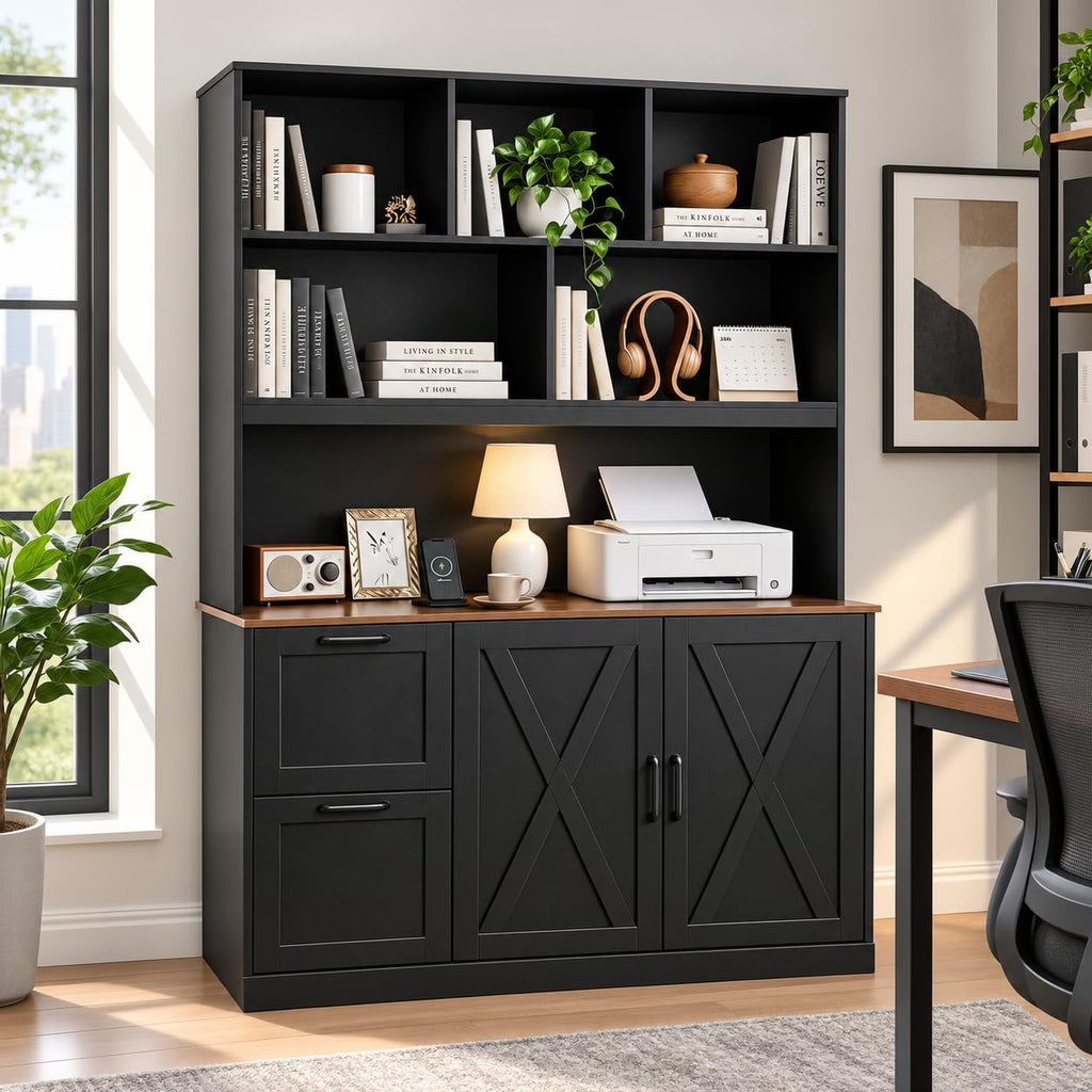 72'' Tall Black Bookshelf with Power Outlet, 2 Drawer File Cabinet, 3-Tier Shelves S60543