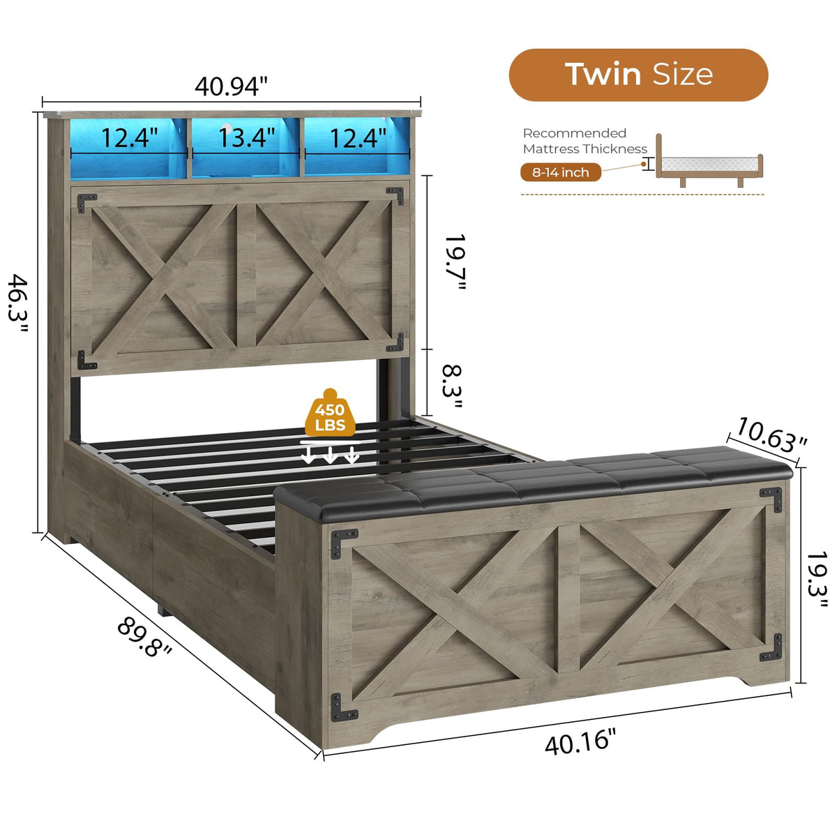 Oak Gray Wood Twin Size Bed Frame with Storage Headboard and Charging Station Z159671