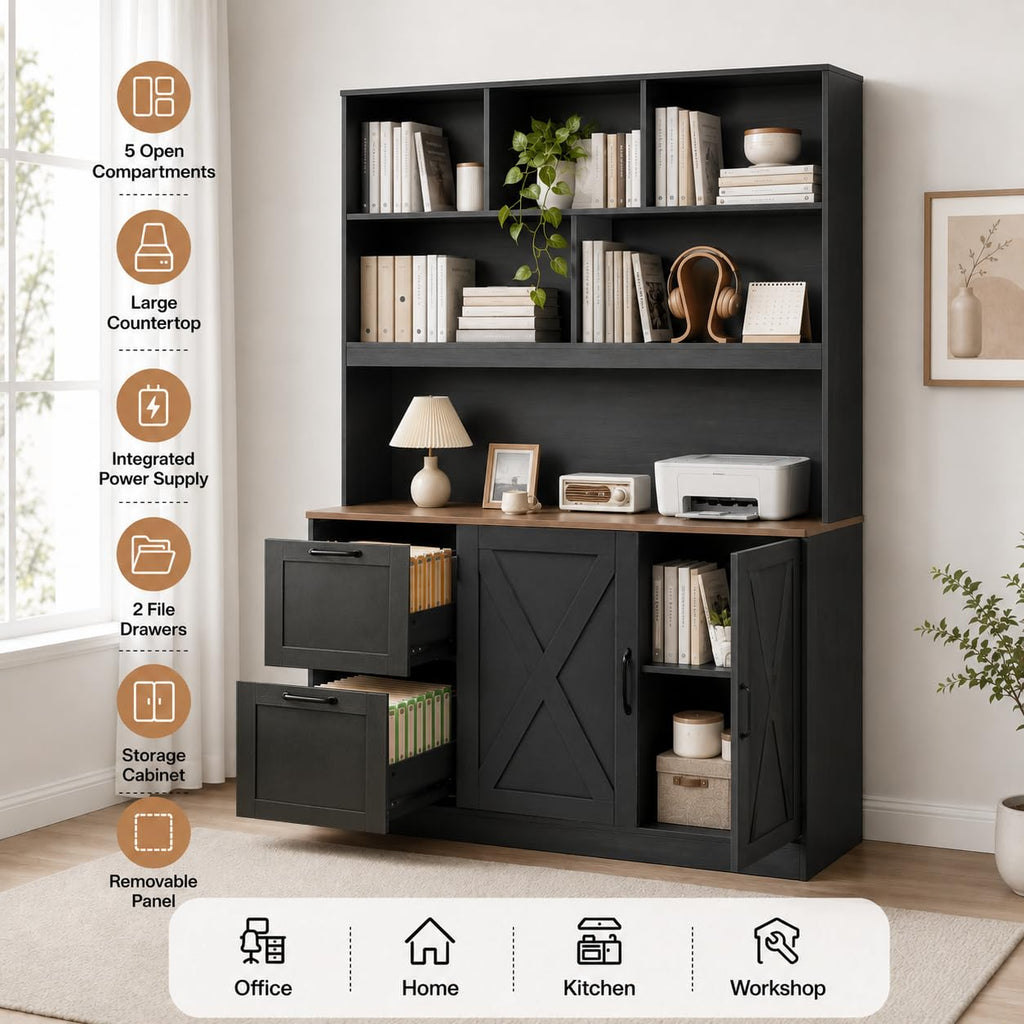 72'' Tall Black Bookshelf with Power Outlet, 2 Drawer File Cabinet, 3-Tier Shelves S60543