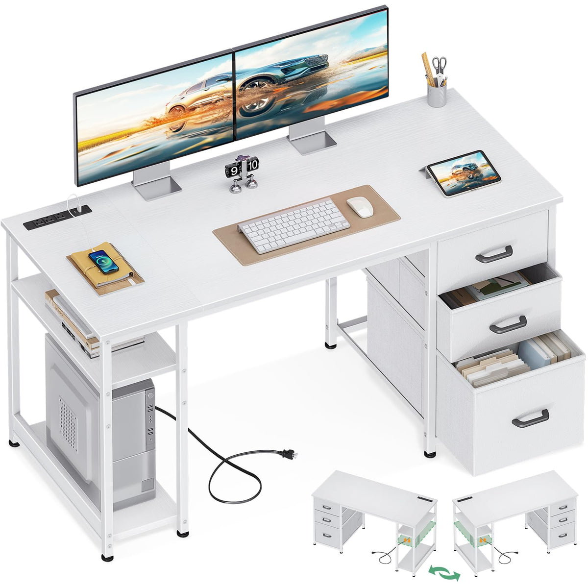 51 Inch White Computer Desk with Drawers R6797