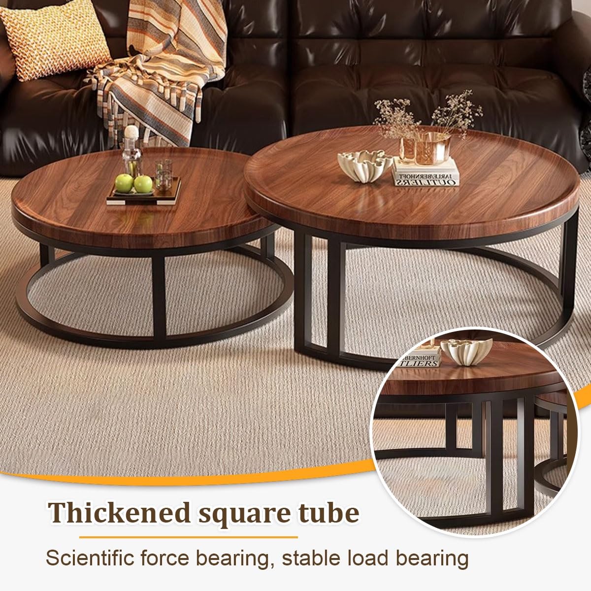 Round Nesting Coffee Tables 2-Piece Set Wood Top Metal Frame W993188