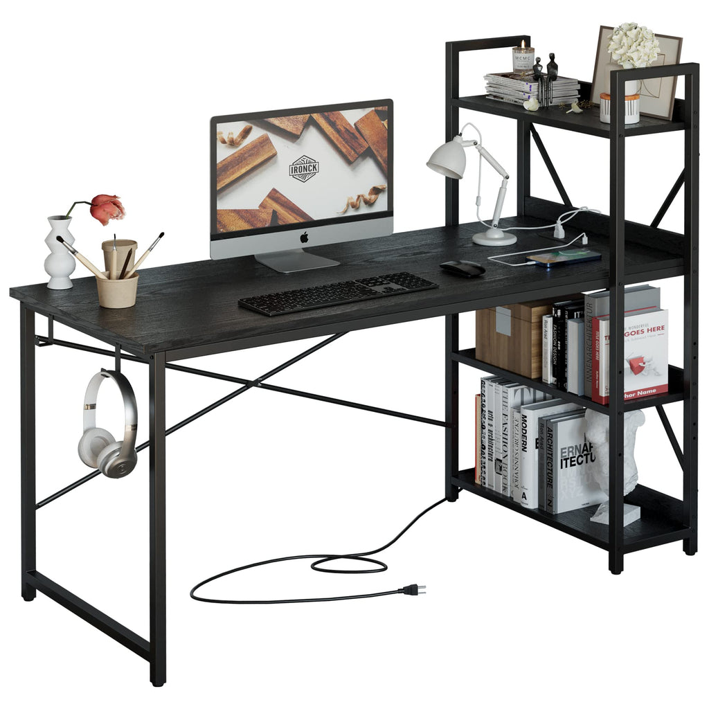 Black Computer Desk with Power Outlet and Storage Shelves W776