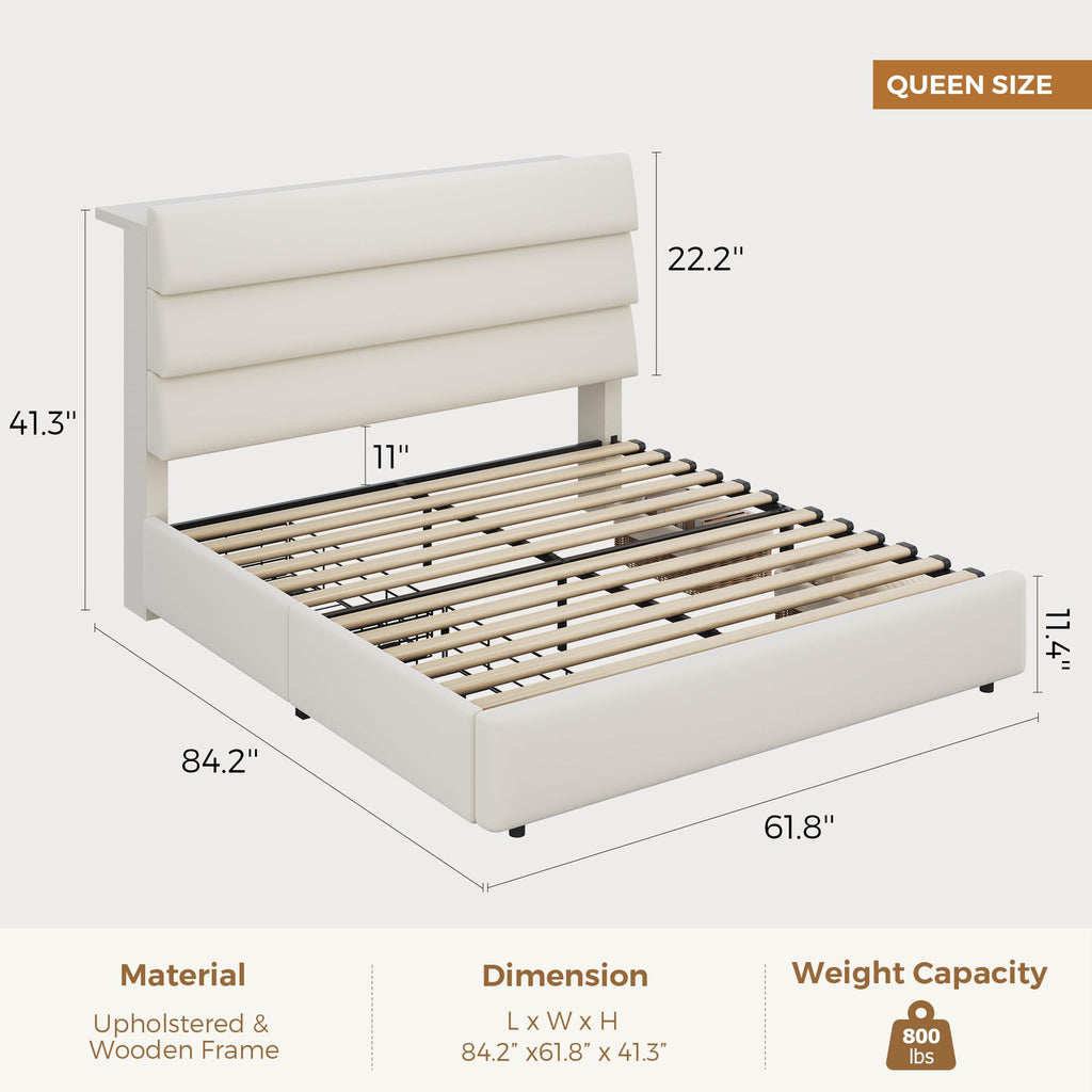 Beige Queen Size Bed Frame with 2 Storage Drawers T302