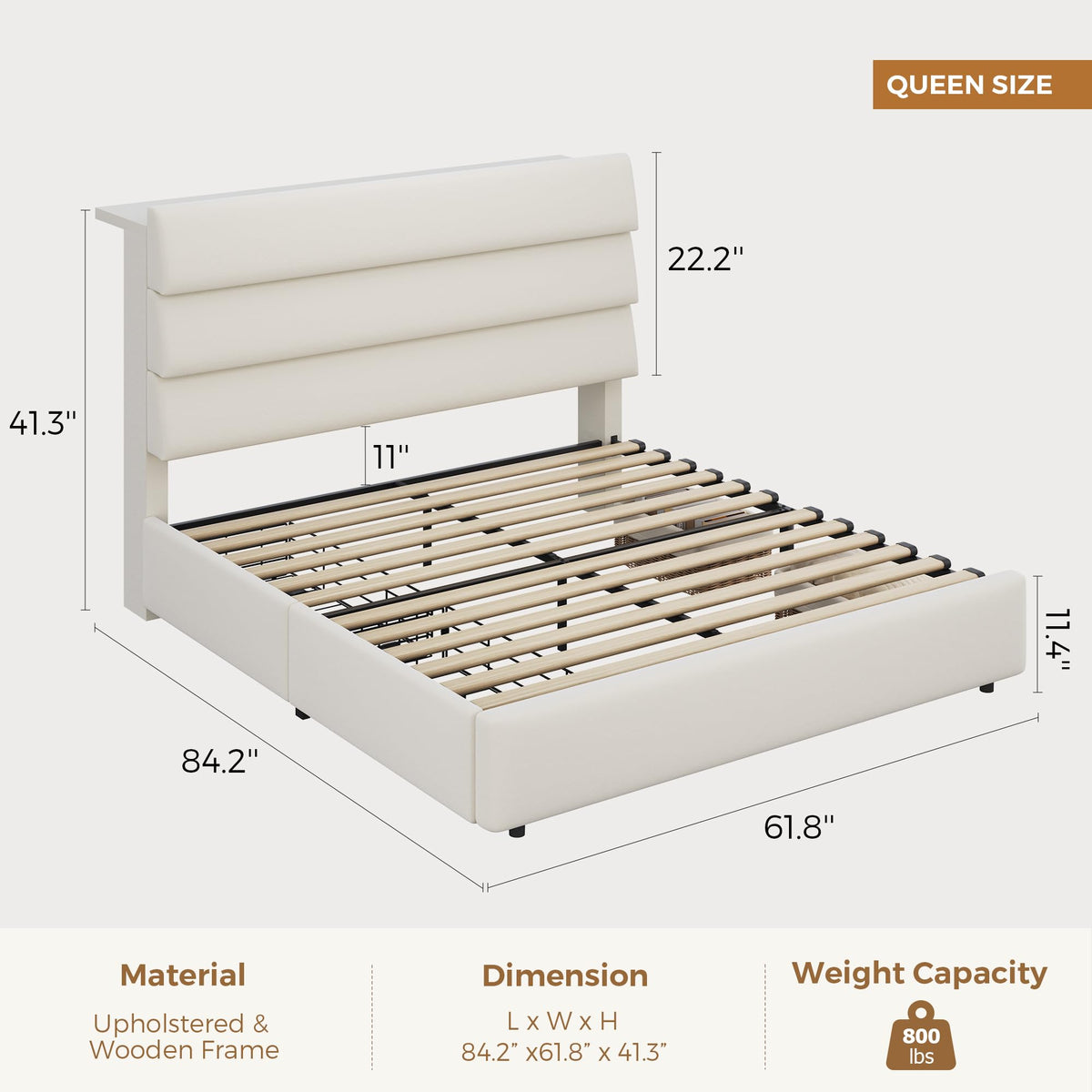 Beige Queen Size Bed Frame with 2 Storage Drawers T302