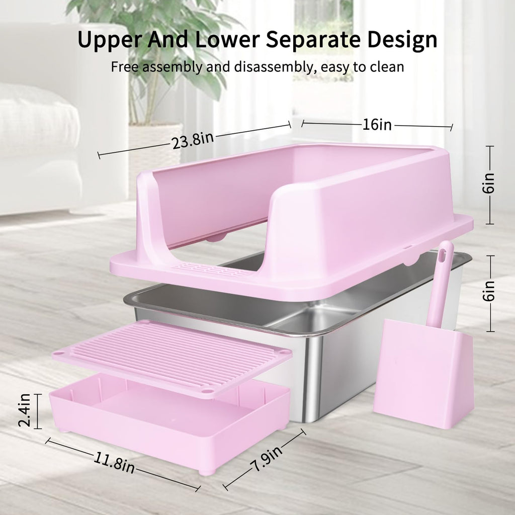 Open Cat Litter Box Stainless Steel High Walls with Scoop E269616