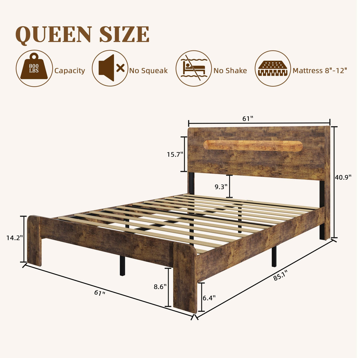 Queen Size Wood Bed Frame with Storage Headboard D21185