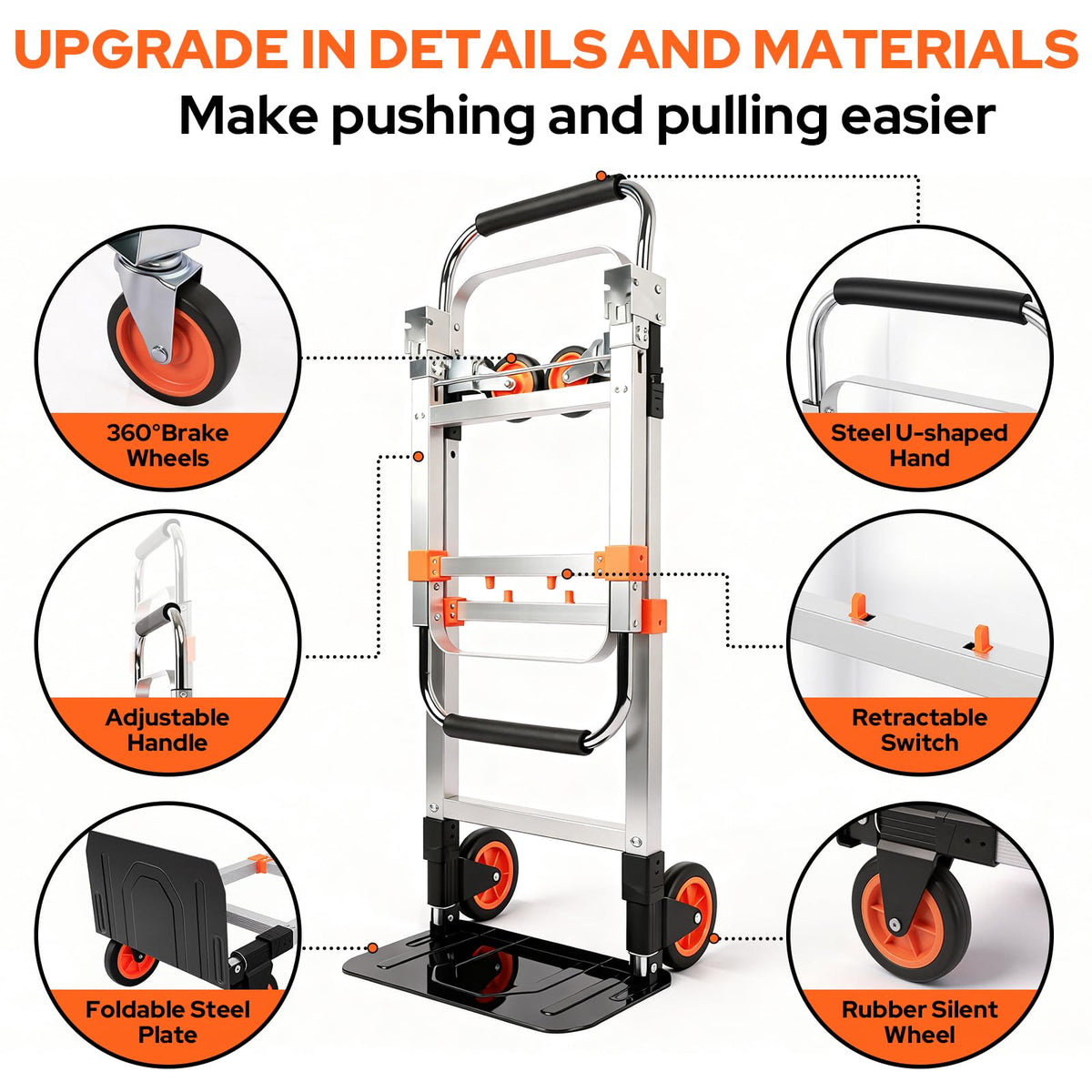 Folding Hand Truck Dolly Cart with Wheels, 500lb Load, Silver Orange M502481