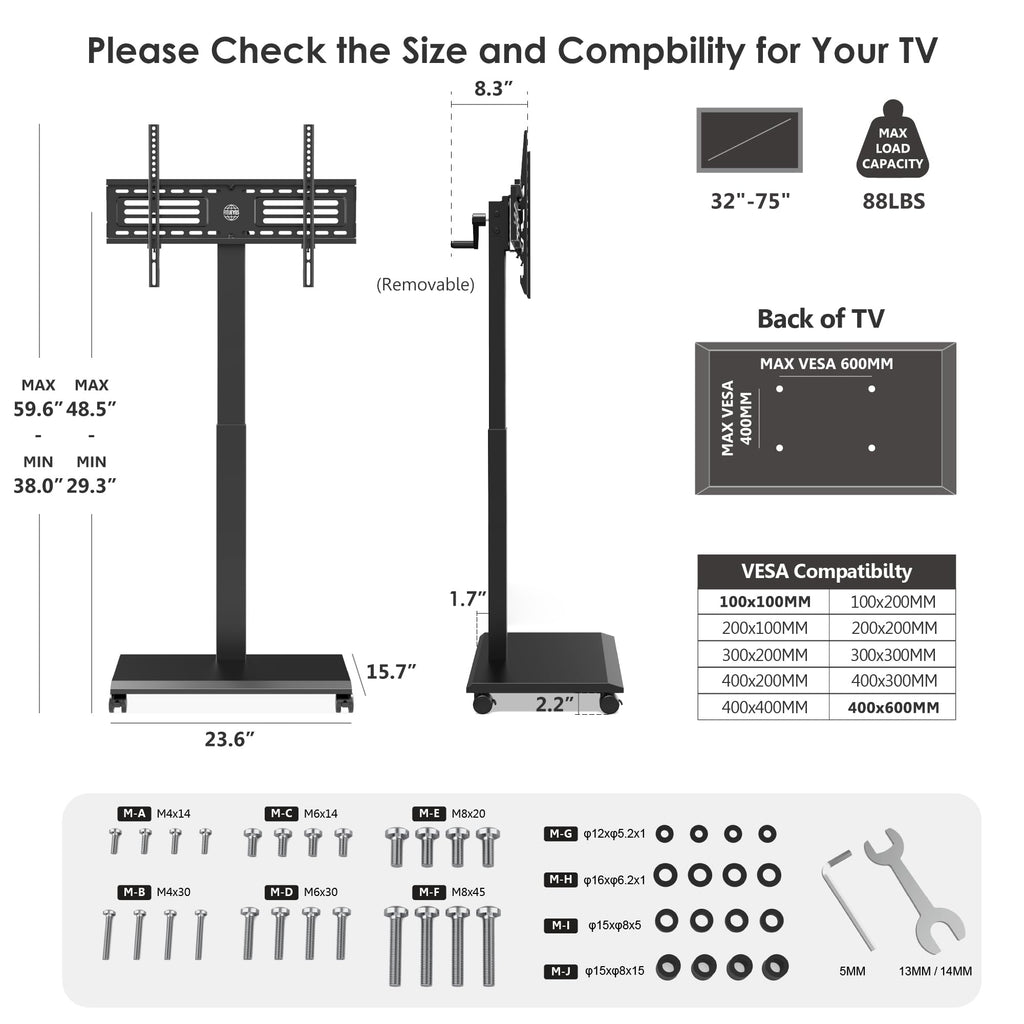 Hand Crank Lift TV Stand with Wheels for 32-75 Inch TVs, Black E919