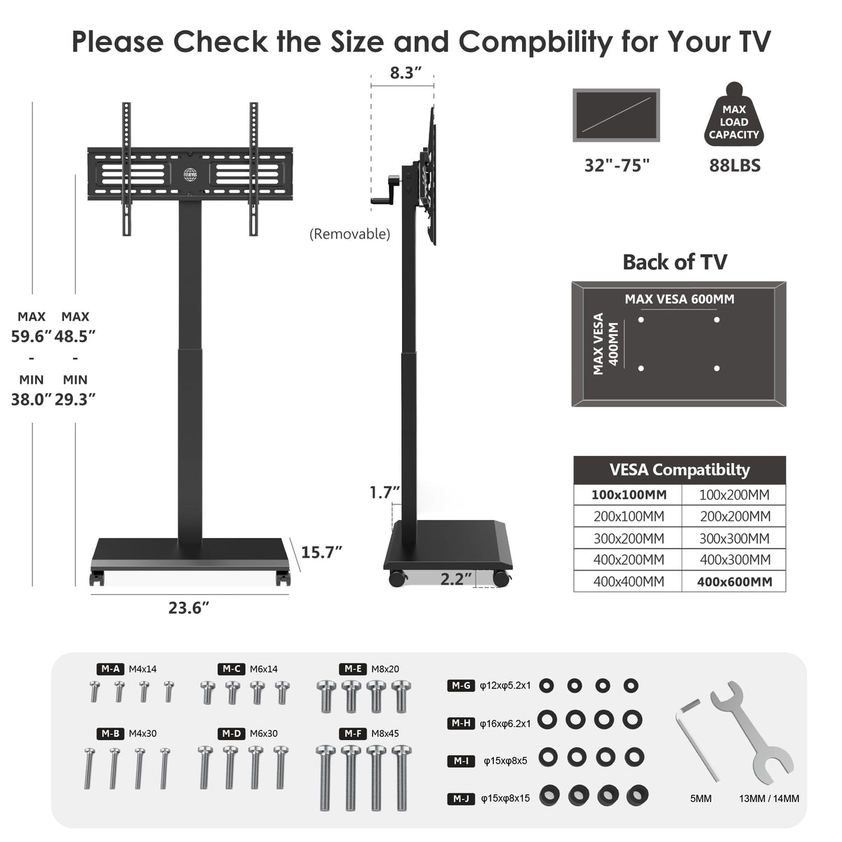 Hand Crank Lift TV Stand with Wheels for 32-75 Inch TVs, Black E919