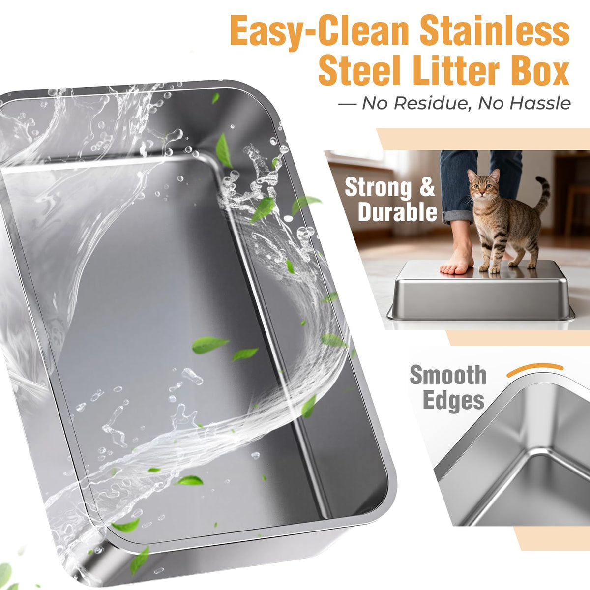 Extra Large Stainless Steel Litter Box with High Sides H466