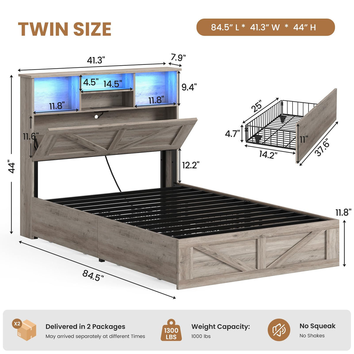 Twin Bed with Bookcase Headboard and 4 Drawers F22245