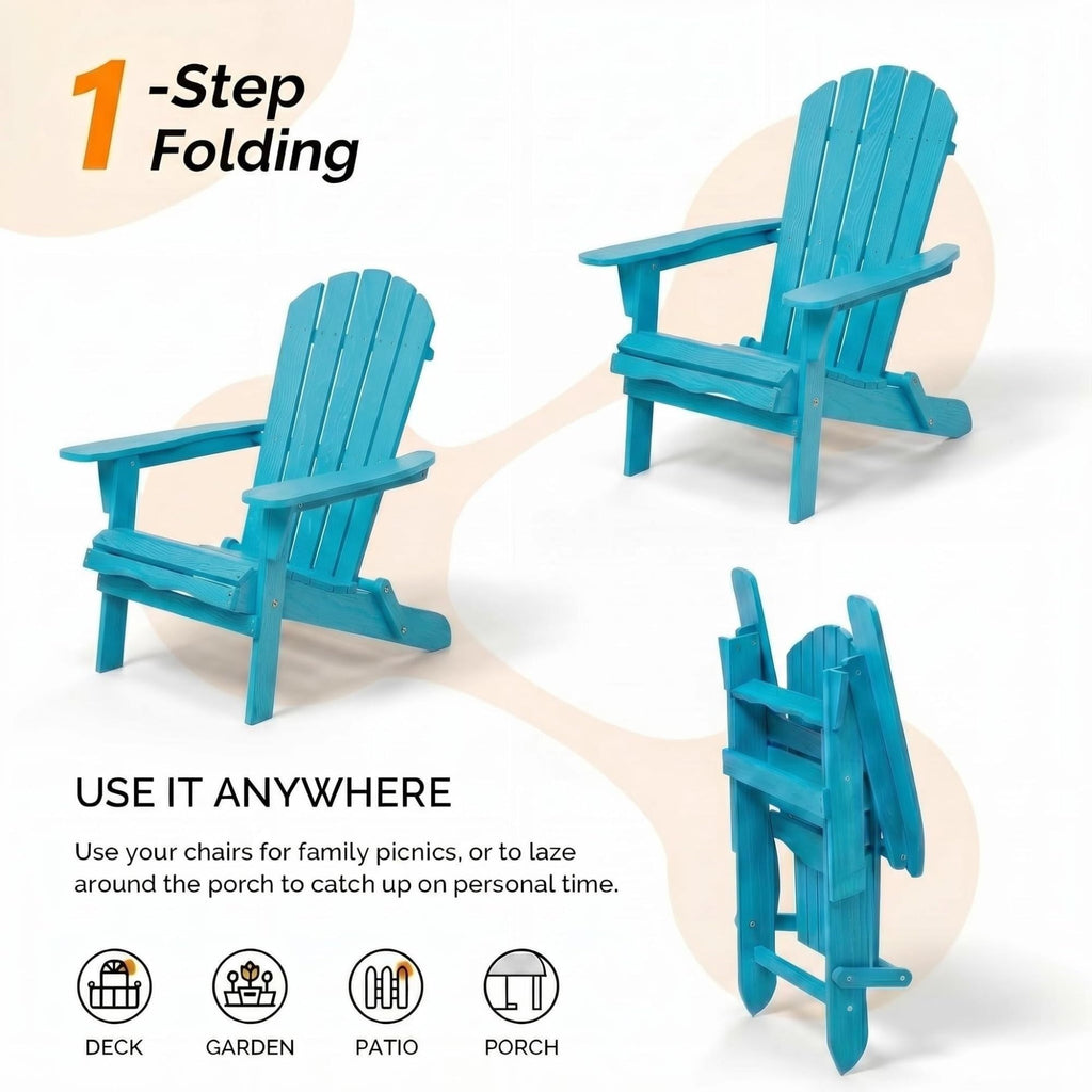 Folding Adirondack Chairs Set of 2 Solid Wood Turquoise Blue Q928201