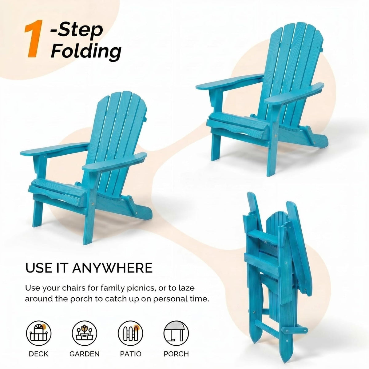 Folding Adirondack Chairs Set of 2 Solid Wood Turquoise Blue Q928201