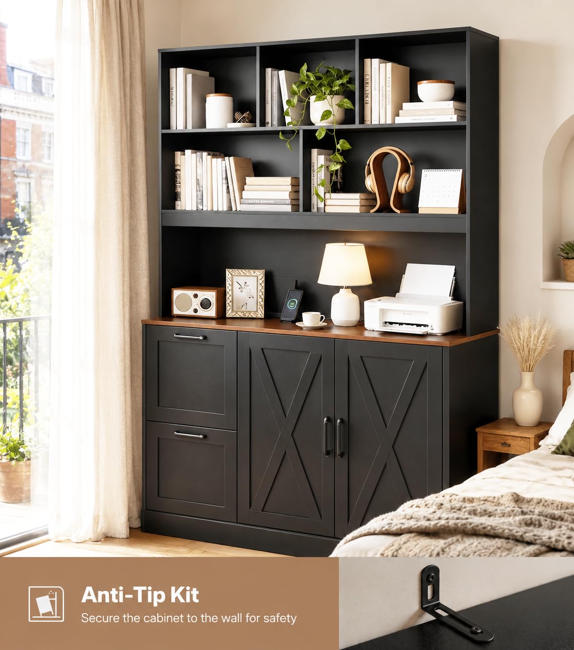 72'' Tall Black Bookshelf with Power Outlet, 2 Drawer File Cabinet, 3-Tier Shelves S60543