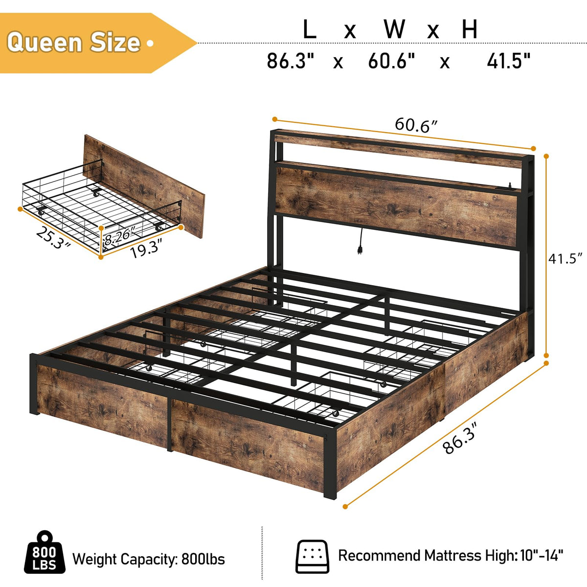 Queen Size Bed Frame with 4 Storage Drawers D630