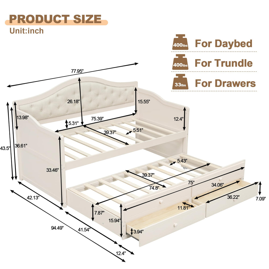 Beige Twin Size Wooden Daybed with Trundle and 2 Drawers O37518